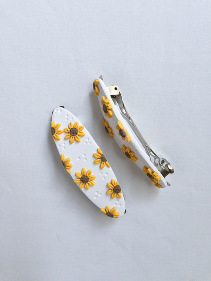 Large polymer clay sunflower hair barrette with stainless steel hair piece