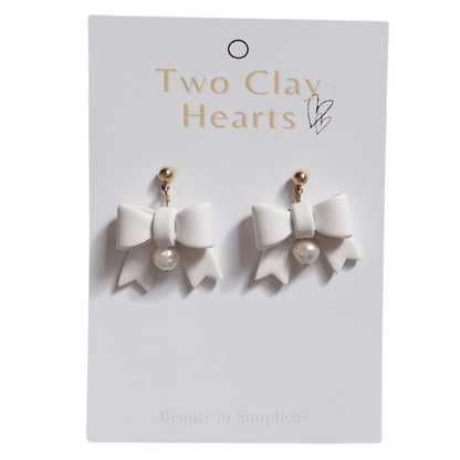 White Pearl Bow Clay Earrings - Two Clay Hearts