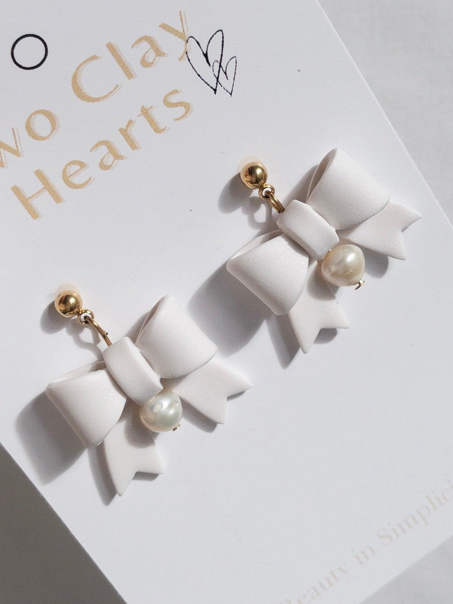 White Pearl Bow Clay Earrings - Two Clay Hearts