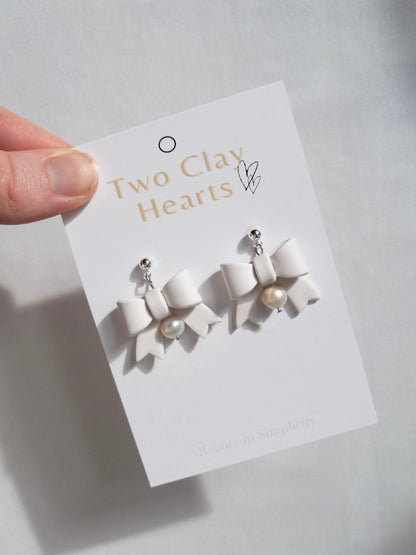 White Pearl Bow Clay Earrings - Two Clay Hearts