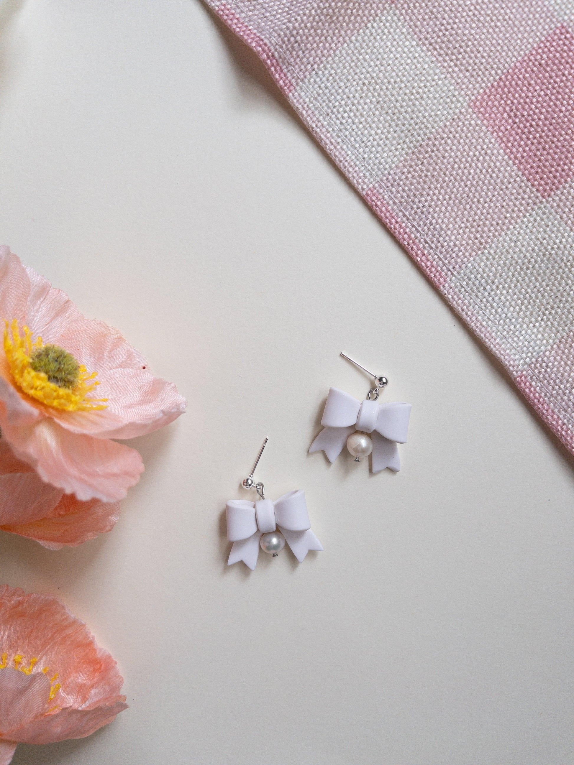 White Pearl Bow Clay Earrings - Two Clay Hearts