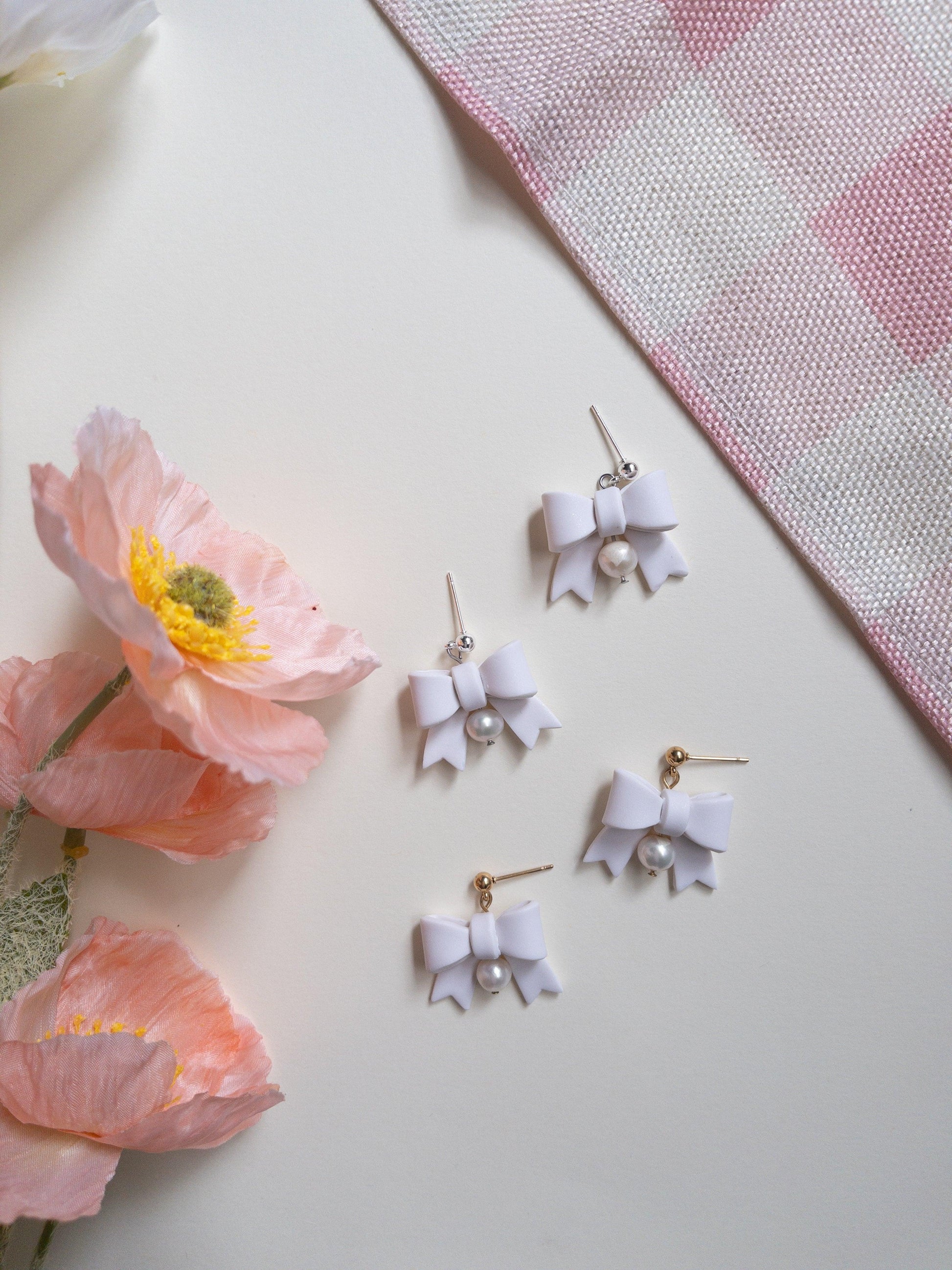 White Pearl Bow Clay Earrings - Two Clay Hearts