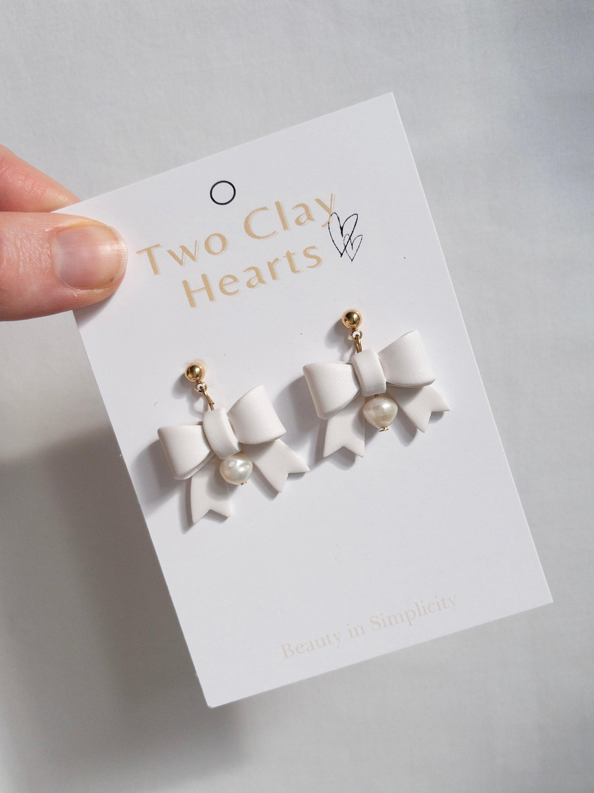 White Pearl Bow Clay Earrings - Two Clay Hearts