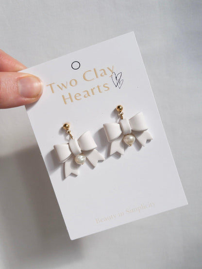 White Pearl Bow Clay Earrings - Two Clay Hearts