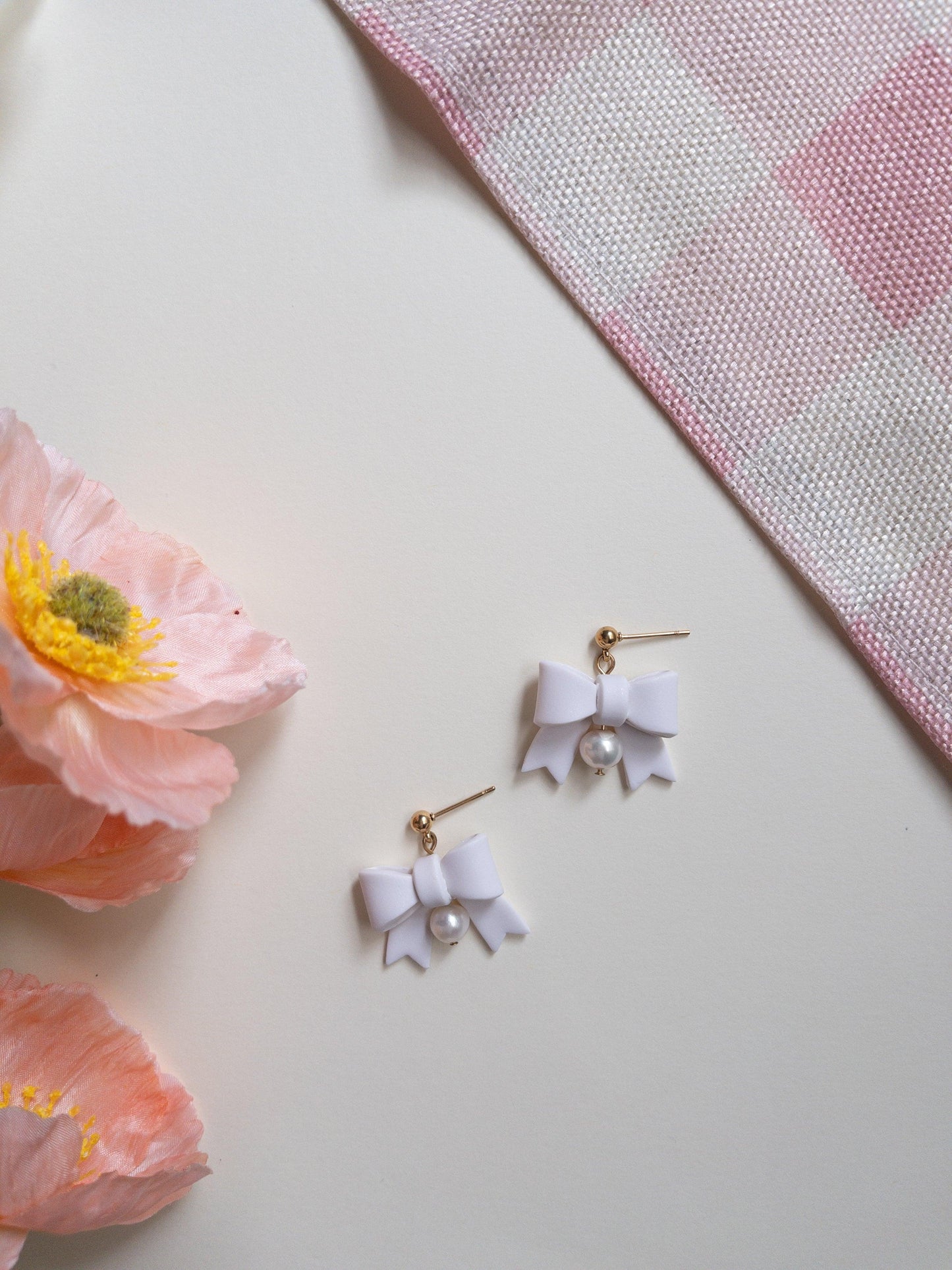 White Pearl Bow Clay Earrings - Two Clay Hearts