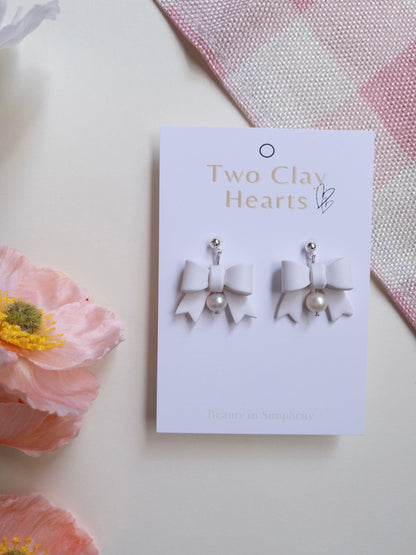 White Pearl Bow Clay Earrings - Two Clay Hearts