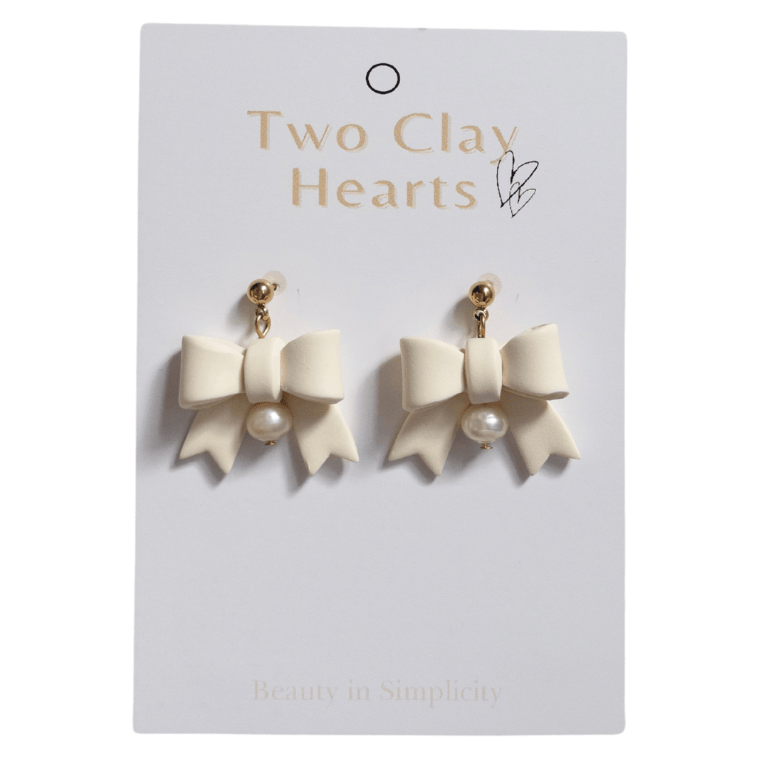 Yellow Pearl Bow Clay Earrings - Two Clay Hearts