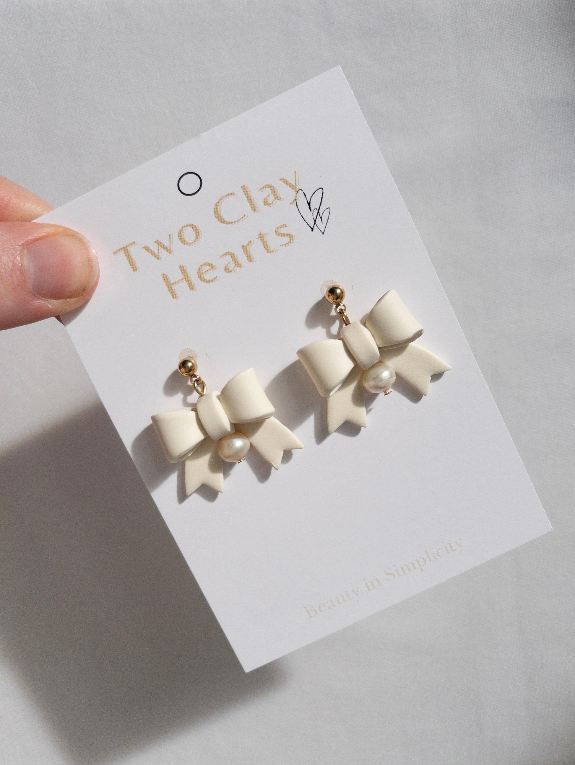 Yellow Pearl Bow Clay Earrings - Two Clay Hearts