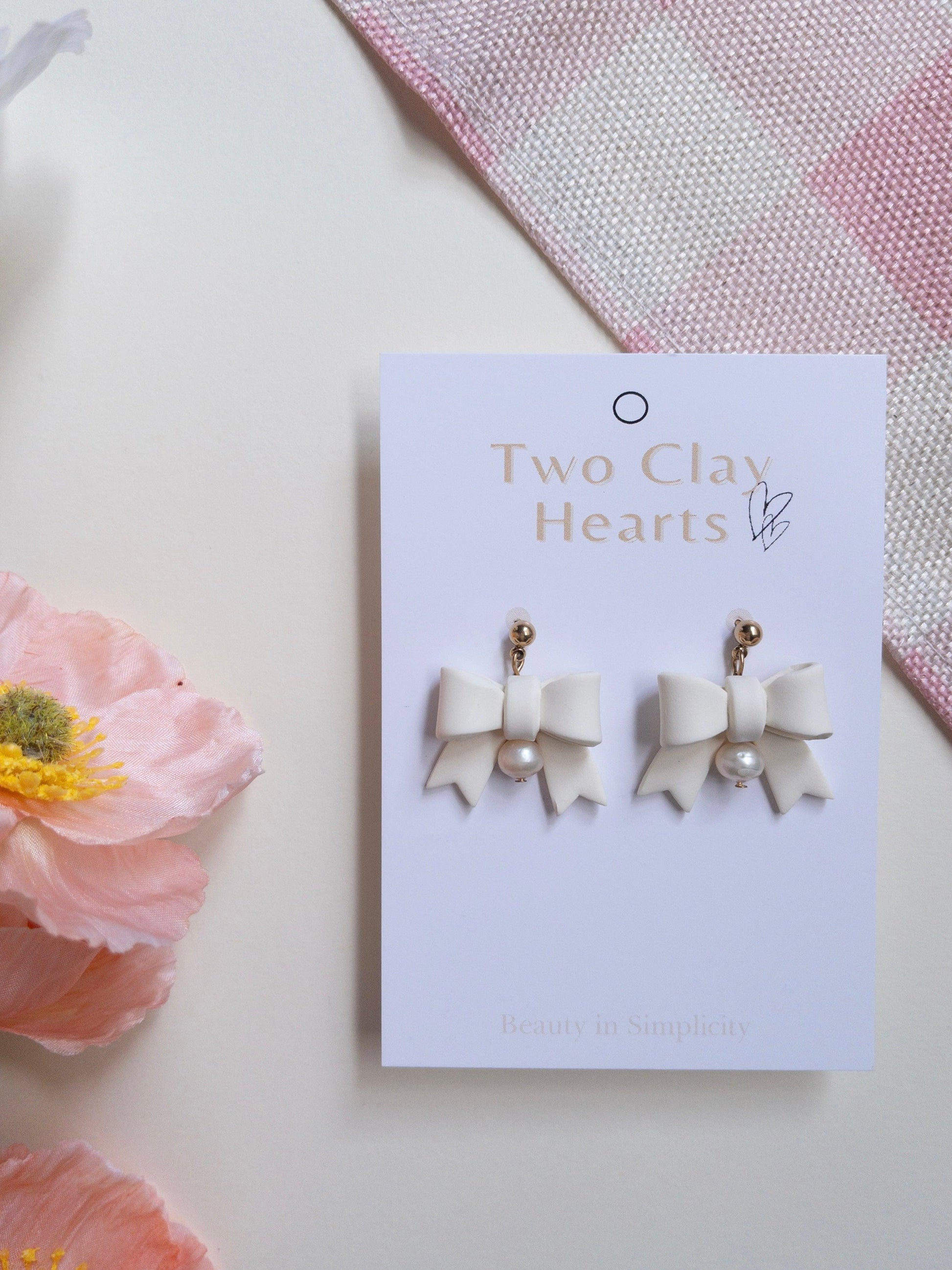 Yellow Pearl Bow Clay Earrings - Two Clay Hearts