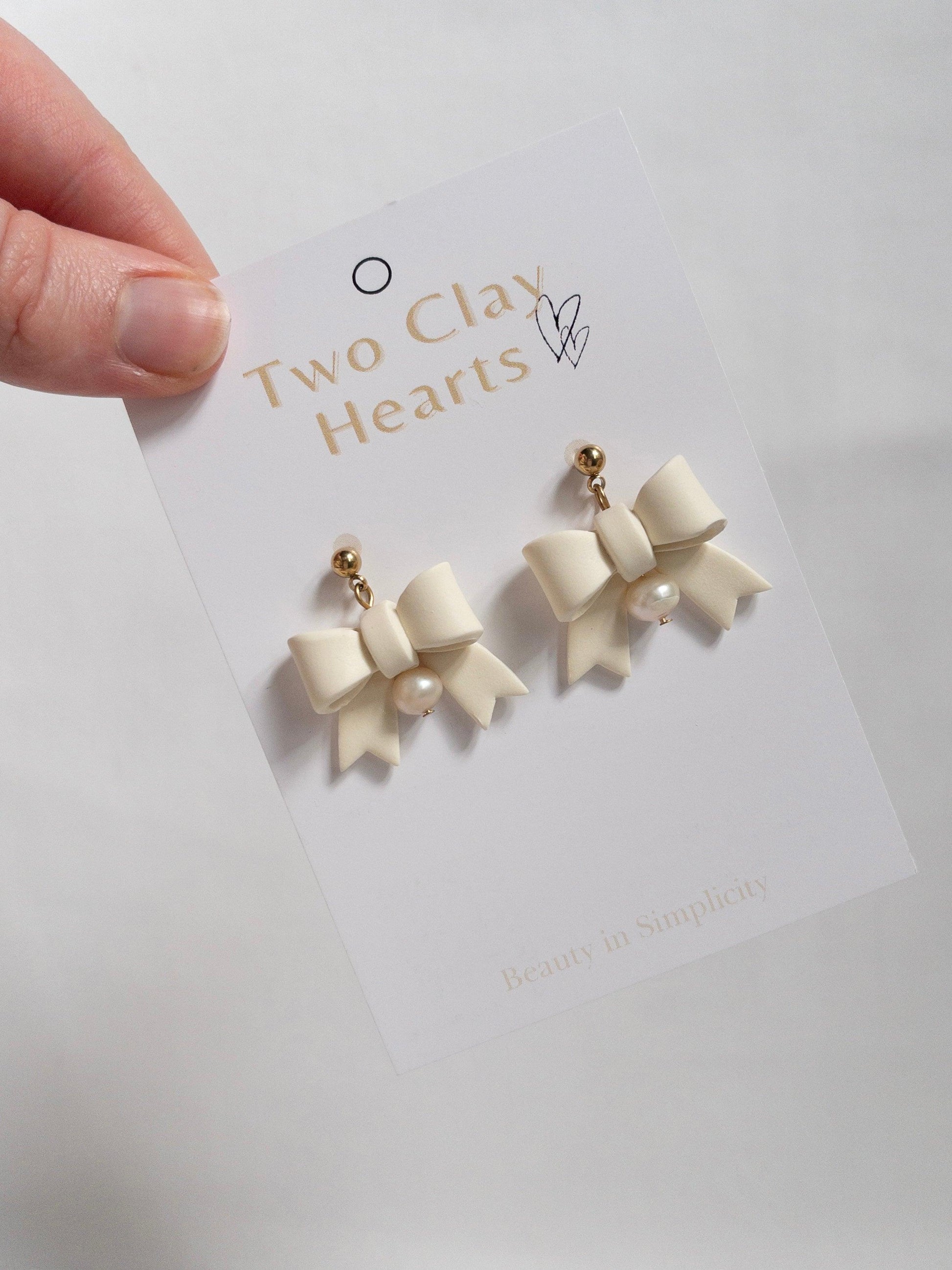 Yellow Pearl Bow Clay Earrings - Two Clay Hearts